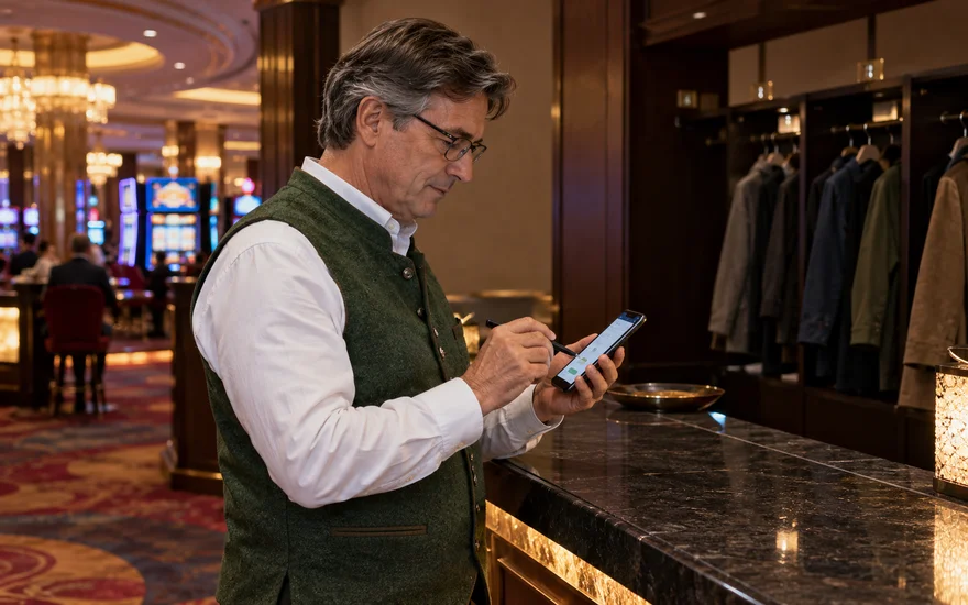 Mann bedient ein Smartphone mit Stift in einer fiktiven Clubgarderobe