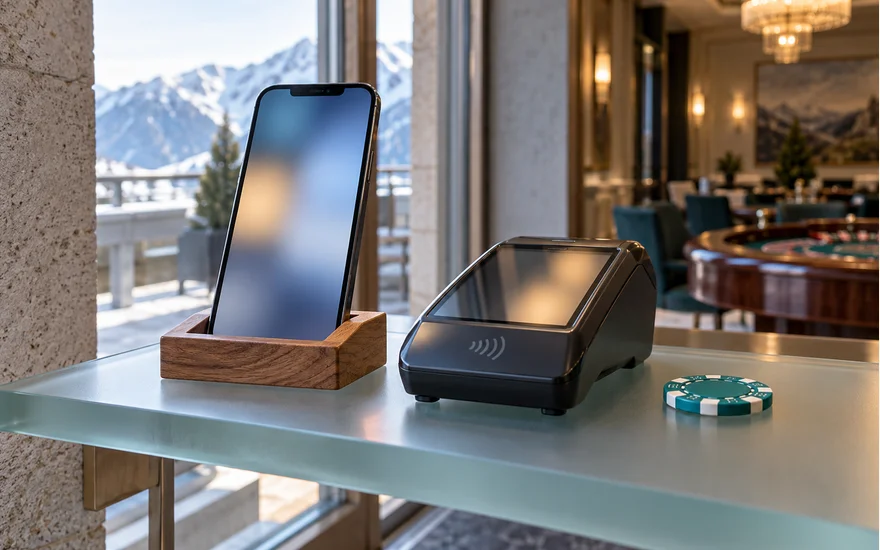 Smartphone und kontaktloses Terminal neben einem Spielchip