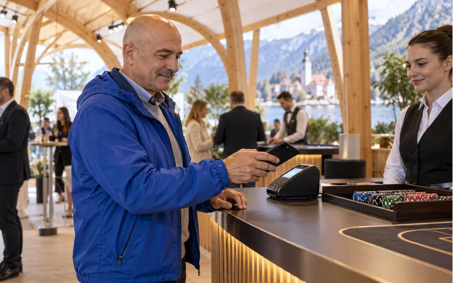 Mann hält ein Smartphone an ein neutrales Terminal einer Vorführstation