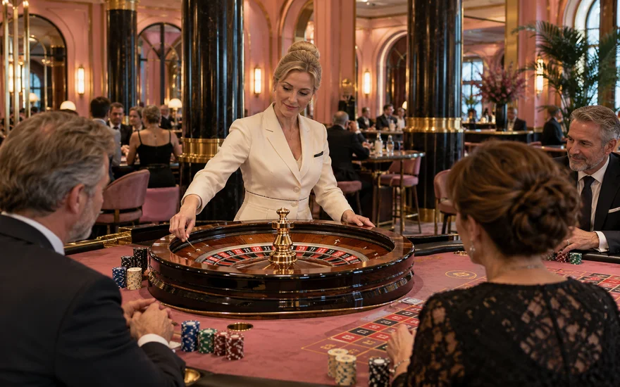Croupière an einem Rouletterad in einem fiktiven Art-déco-Spielsaal