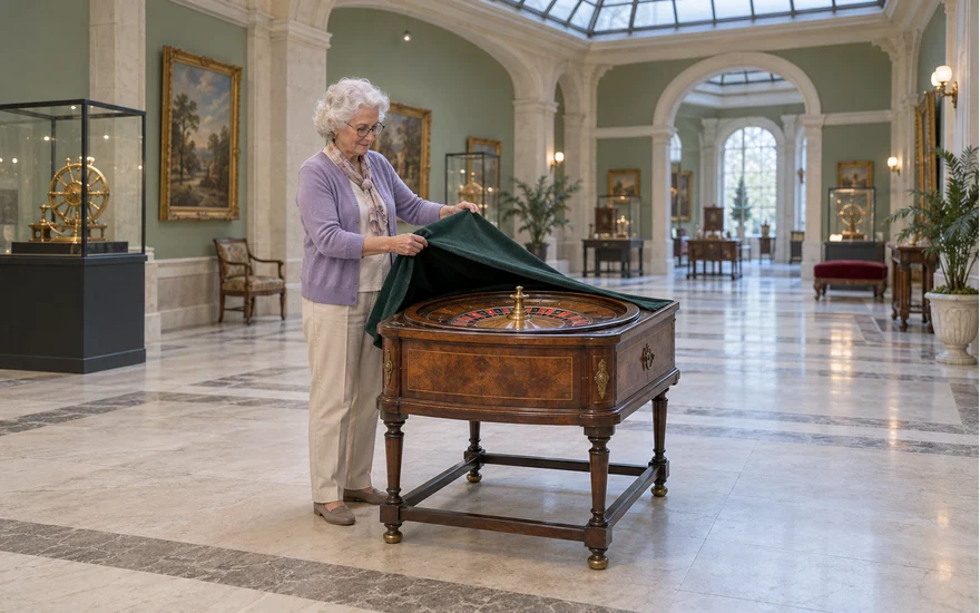 Frau betrachtet ein vollständiges historisches Rouletterad in einer fiktiven Restaurierungsgalerie