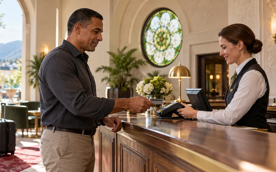 Mann hält eine neutrale Bankkarte an ein Terminal einer fiktiven Rezeption
