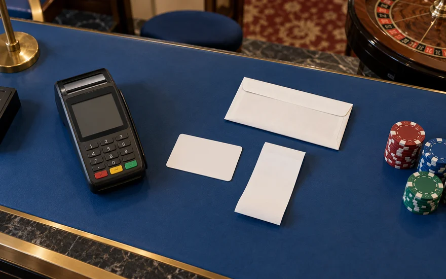 Karte, Terminal und neutraler Beleg auf einem blauen Tresen