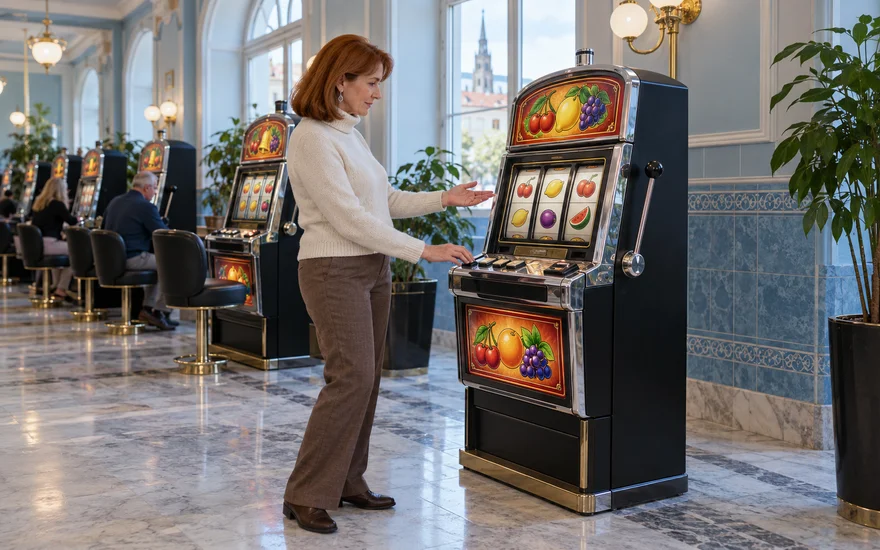 Frau betrachtet neutrale Fruchtwalzen in einem fiktiven Spielsaal