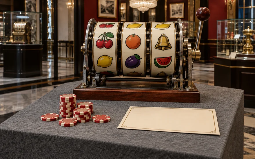 Mechanisches Walzenmodell neben neutralem Bonusblatt und Spielchips