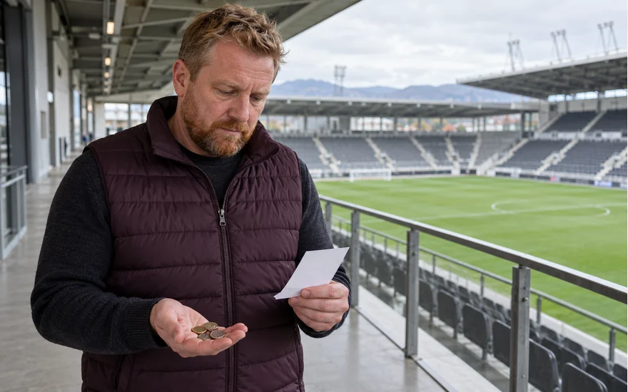 Mann betrachtet Münzen und einen neutralen Wettschein im Stadionbereich