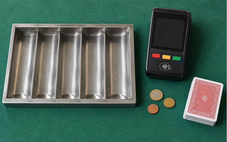 Neutrales Spielchip-Tablett mit kleinen Münzen, Terminal und Kartenspiel
