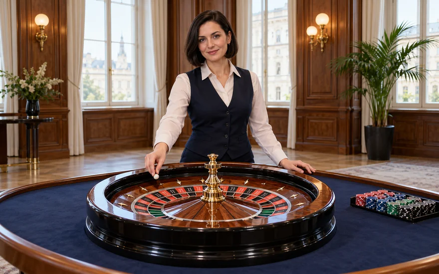 Croupière an einem vollständig sichtbaren Rouletterad in einem hellen, fiktiven Wiener Spielsaal