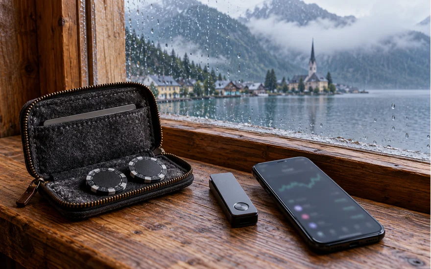Hardware-Wallet und Smartphone neben neutralen Spielchips
