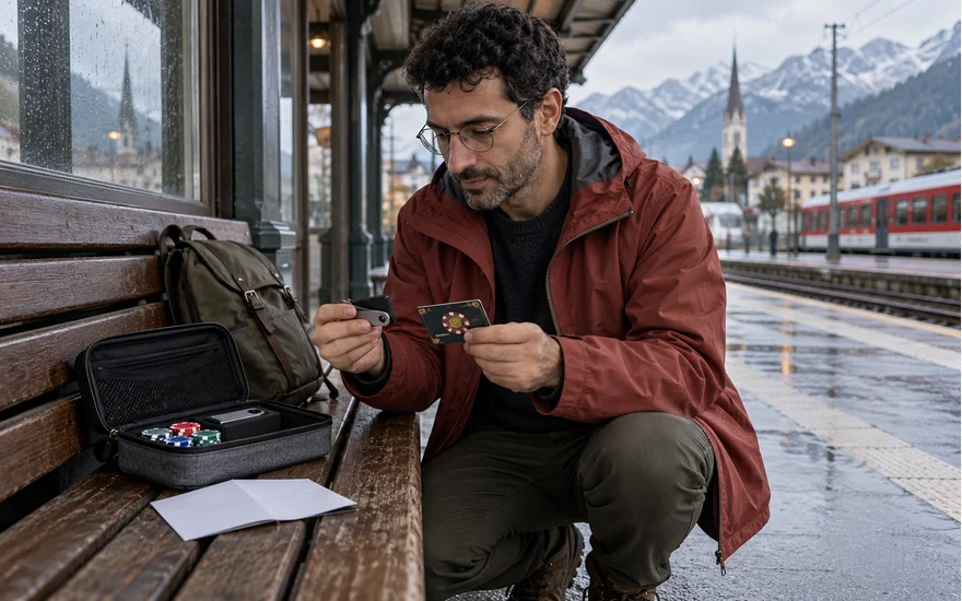 Mann prüft ein Hardware-Wallet neben einem geschlossenen Kartenspiel