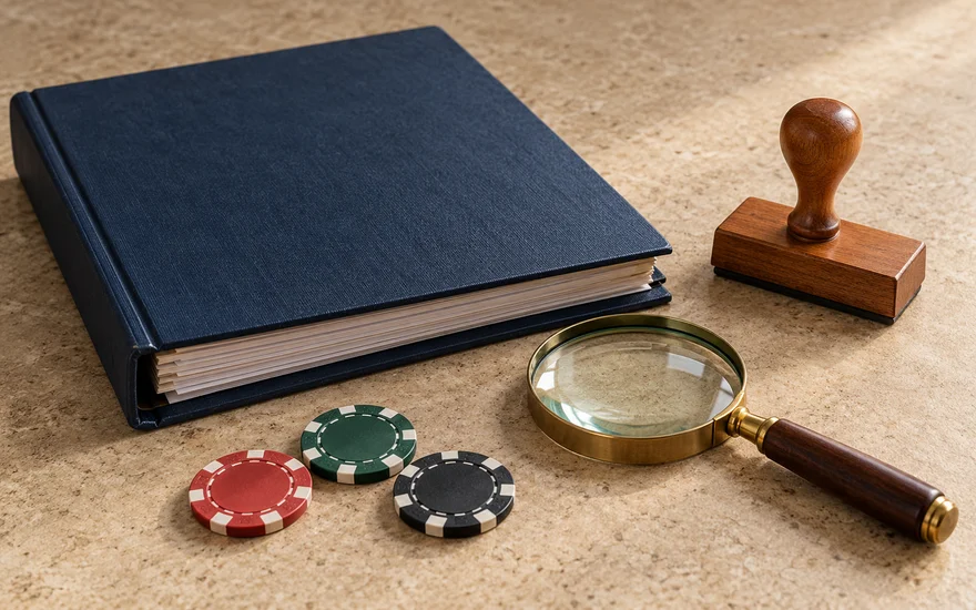 Neutrales Dossier mit Stempel, Lupe und Spielchips