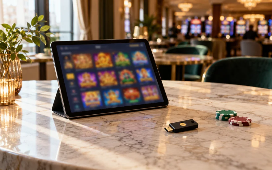 Sicherheitsschlüssel neben einem Tablet mit unscharfer Spielübersicht