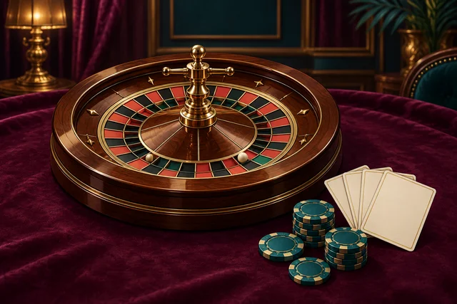 Illustration mit Rouletterad, Karten und Spielchips