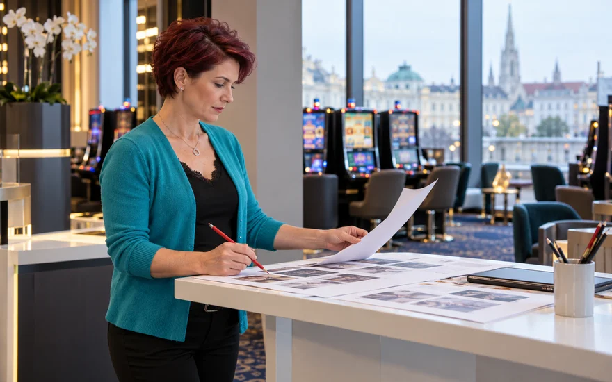 Redakteurin prüft neutrale Unterlagen in einer fiktiven Casino-Szene