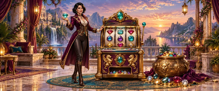 Originale KI-Spielillustration mit einer erwachsenen Edelsteinhüterin und einem Spielautomaten