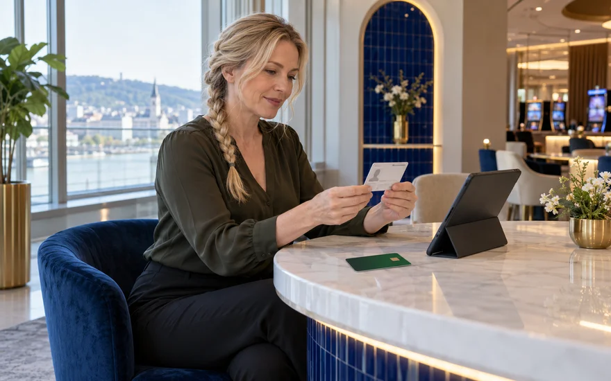 Frau prüft eine neutrale Ausweiskarte neben einem Tablet an einem Empfangstisch
