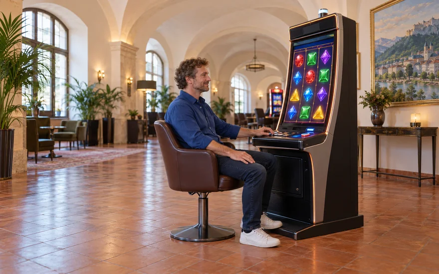 Mann sitzt seitlich an einem neutralen Spielautomaten mit Edelsteinsymbolen