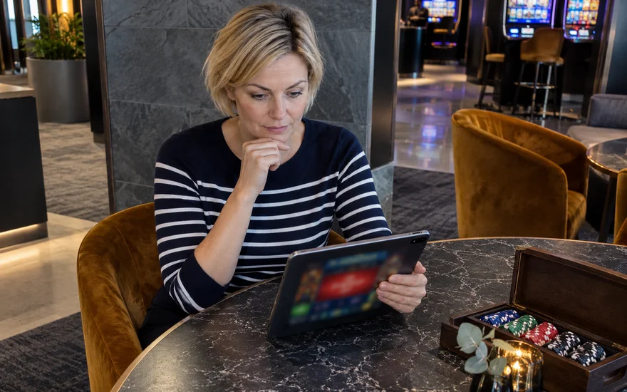 Frau prüft eine unscharfe Meldung auf einem Tablet in einer fiktiven Lounge