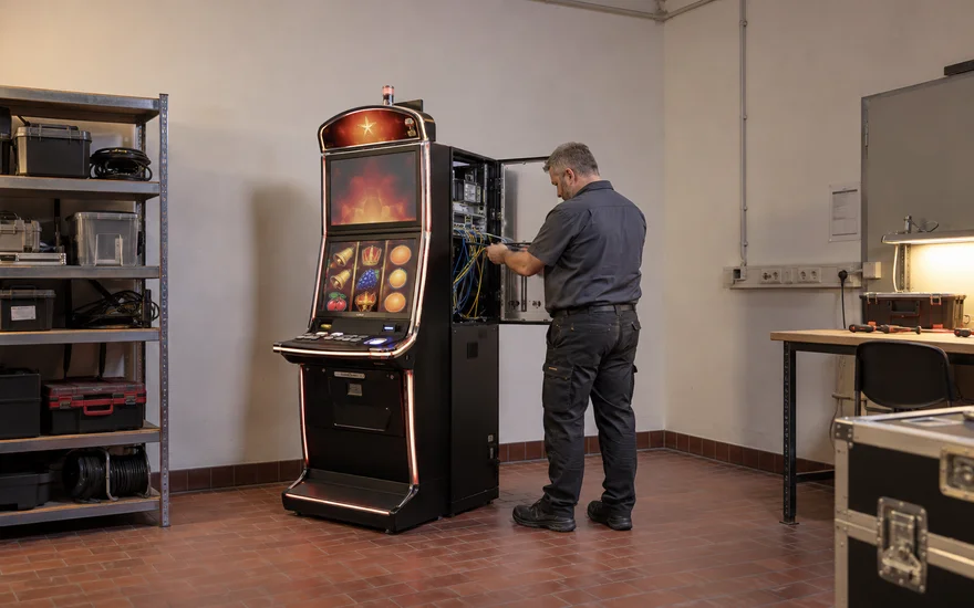 Techniker prüft ein Netzwerkkabel an einem neutralen Spielautomaten