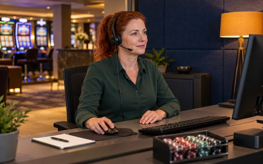 Mitarbeiterin mit Headset an einem fiktiven Casino-Hilfeschreibtisch