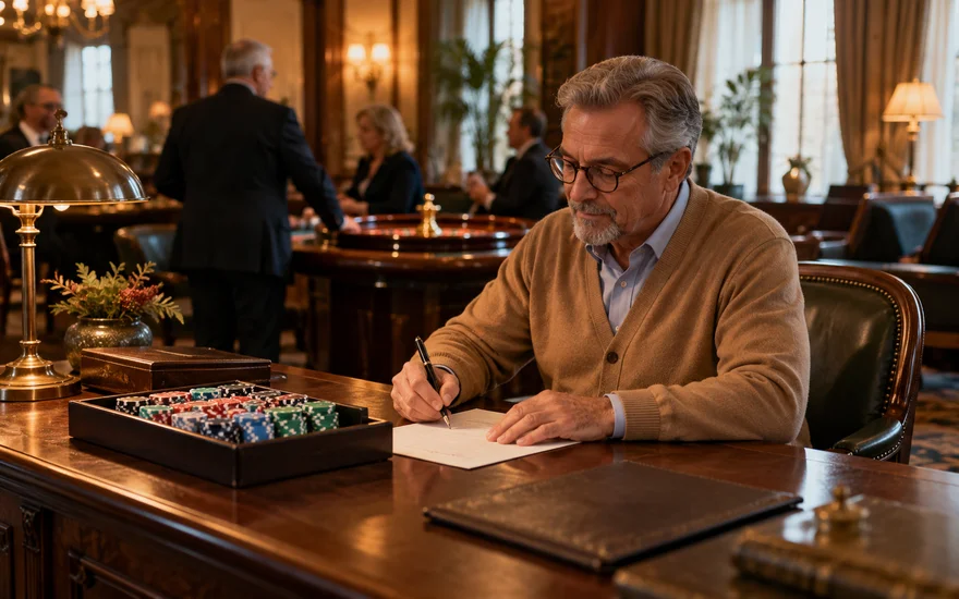 Mann notiert eine Frage neben einem Spielchip-Tablett