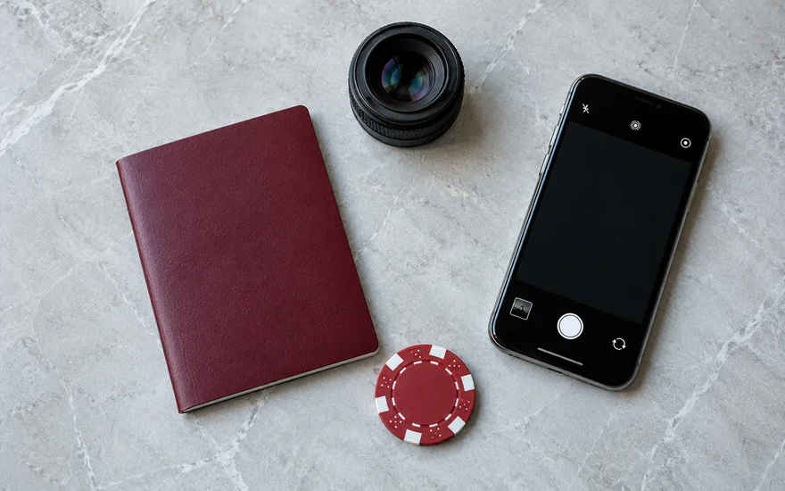 Neutrales Dokument neben Kamera, Smartphone und Spielchip